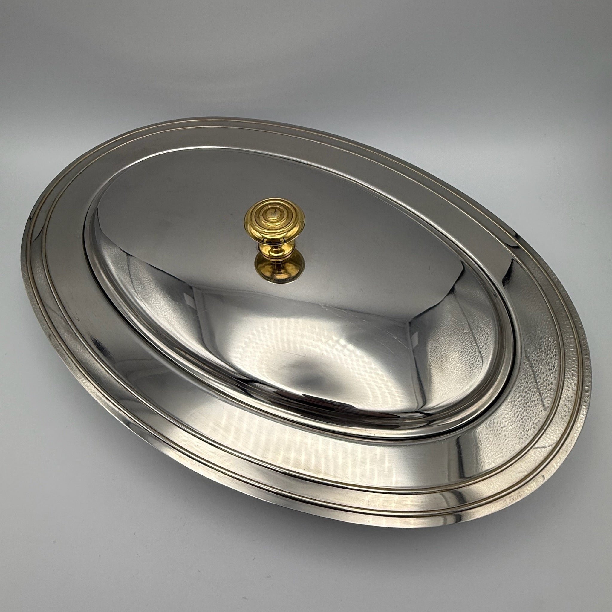 WMF Vintage Legumiere Oval I Cromargan & Messingknauf I Servierschale mit Deckel 1980er I Entree-Schale 34,5 cm WMF