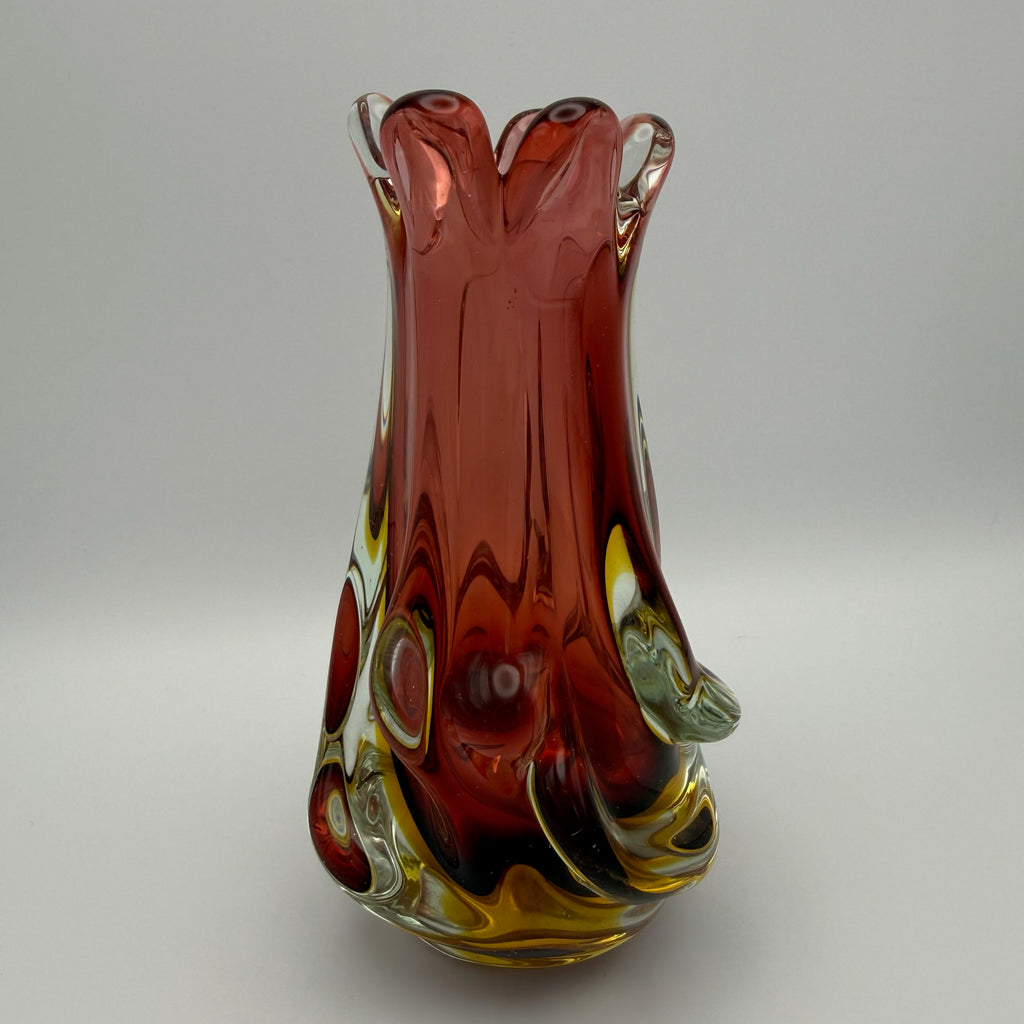 Vintage Murano Stil Glas Vase Rot Gelb Handgeformt Wellenrand Kunstglas 70er Showroom Ansbach