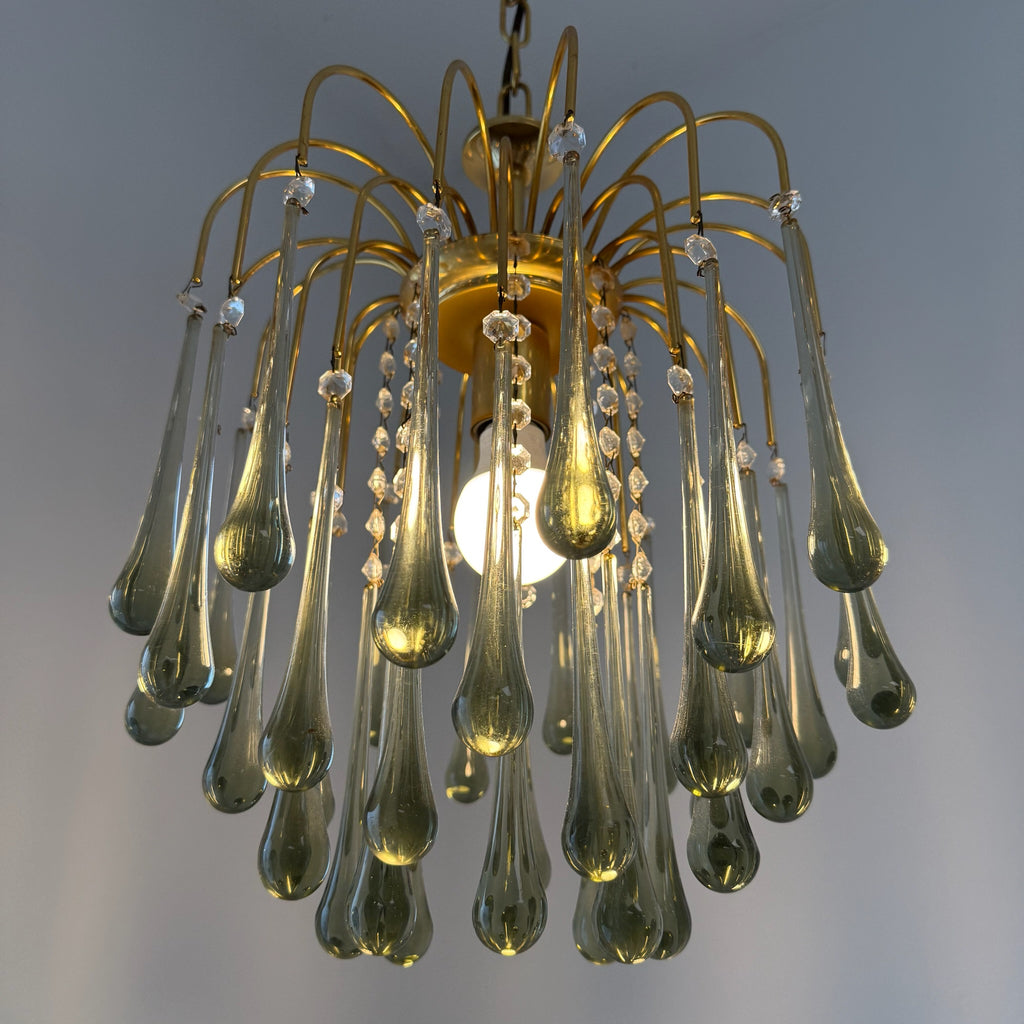 Kult Vistosi Murano XL Tropfenleuchte 1970er I 14 Karat Echtgold vergoldet I Rauchglas Grün-Grau Kaskaden-Kronleuchter 75 cm Murano