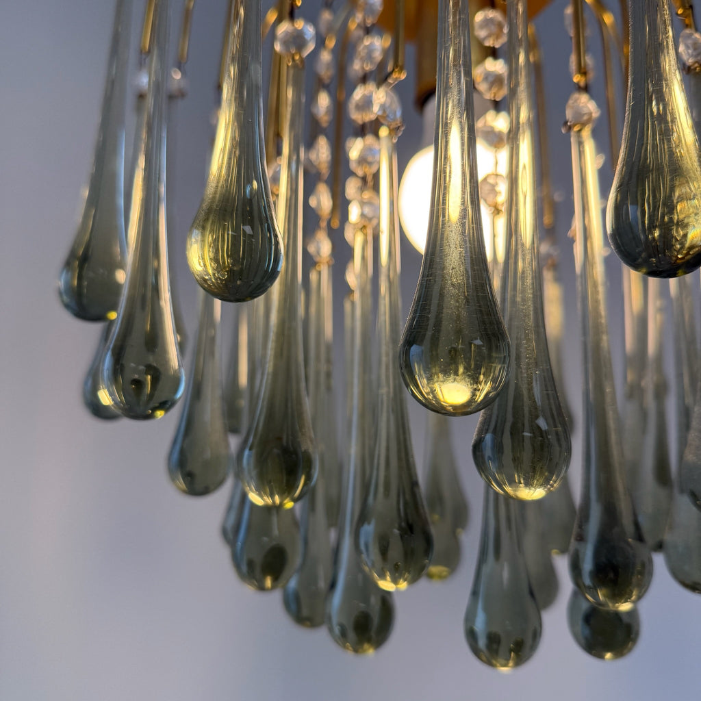 Kult Vistosi Murano XL Tropfenleuchte 1970er I 14 Karat Echtgold vergoldet I Rauchglas Grün-Grau Kaskaden-Kronleuchter 75 cm Murano