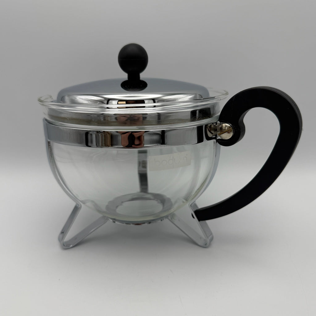 Vintage Bodum Teekanne mit 2 Tassen I Glas & Chrom – Mid Century Design I 3-teiliges Set Bodum