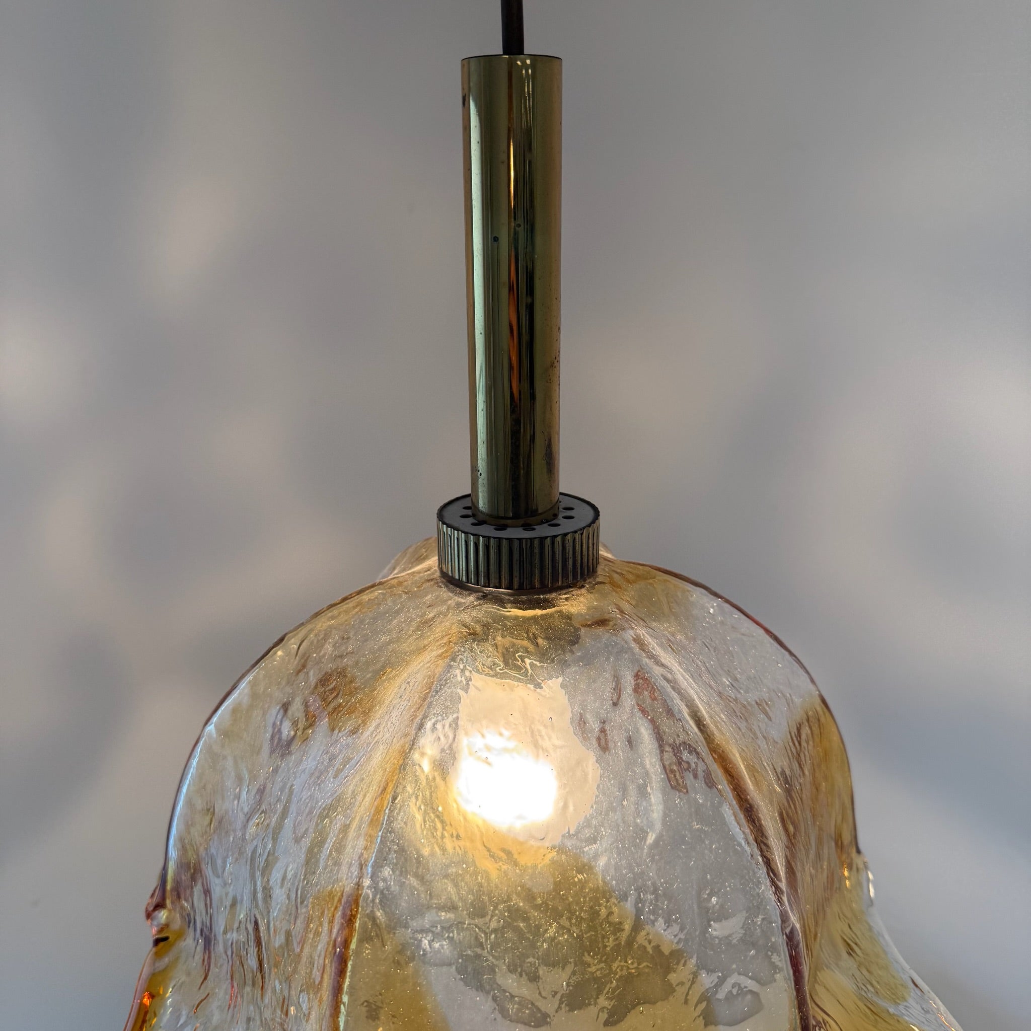Große Murano Glas Pendelleuchte 70er I AV Mazzega Stil I Blüten-Hängelampe Bernstein Orange Messing I Vintage 34,5 cm Murano