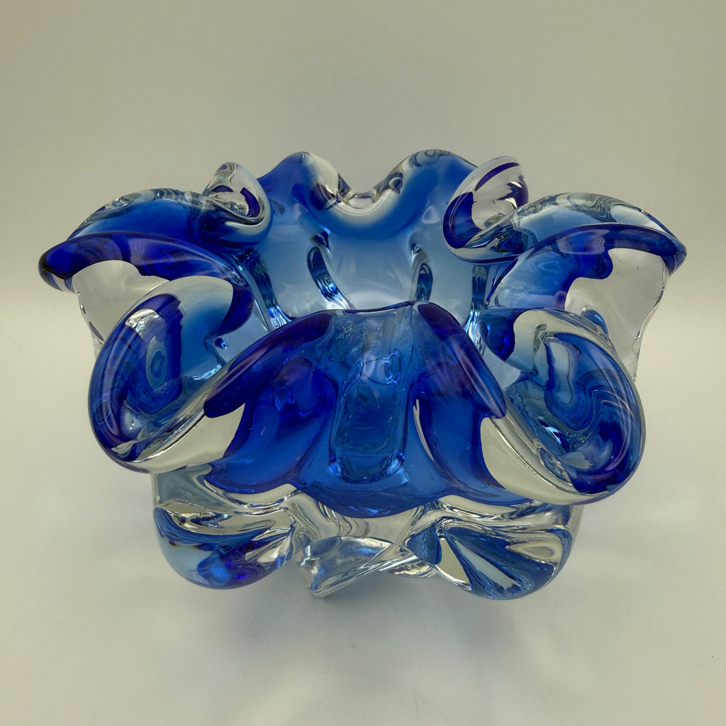 Vintage Murano Stil Glas Schale Blau Blütenform Sommerso Kunstglas 60er 70er Showroom Ansbach