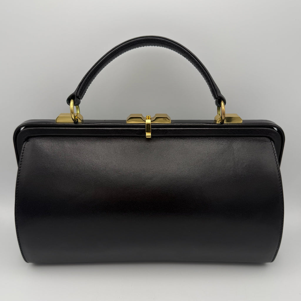 Goldpfeil Vintage Lederhandtasche I Black Boxcalf I Gold-Hardware I Mid-Century um 1960 I Mit Spiegel I 33 cm Gold Pfeil