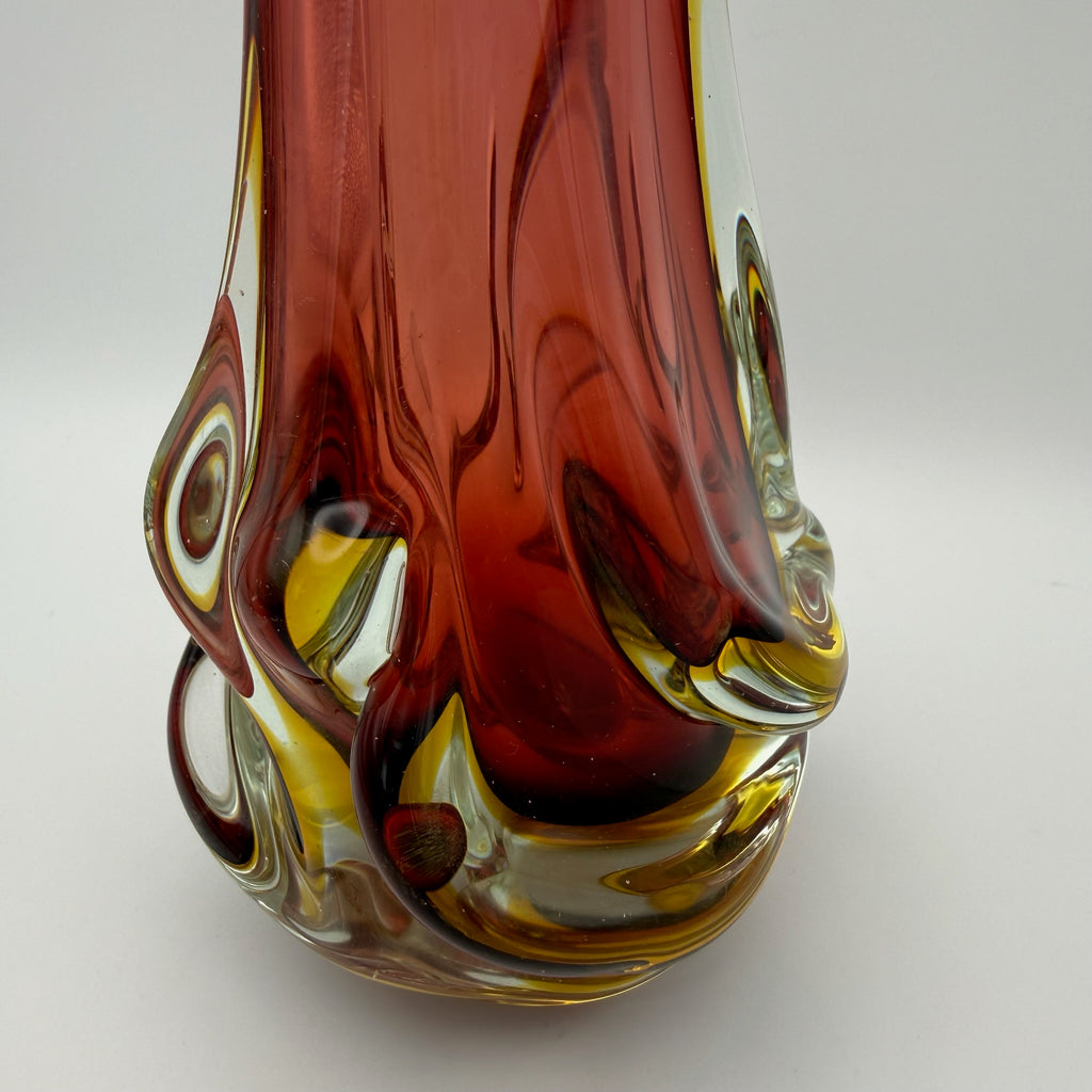 Vintage Murano Stil Glas Vase Rot Gelb Handgeformt Wellenrand Kunstglas 70er Showroom Ansbach