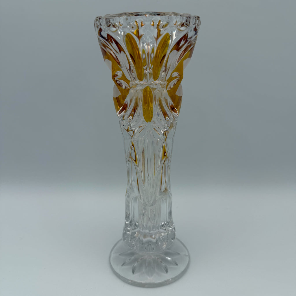 Vintage Kristall Vase Böhmen Bernstein Überfang Keilschliff Blume Medaillon edel Showroom Ansbach