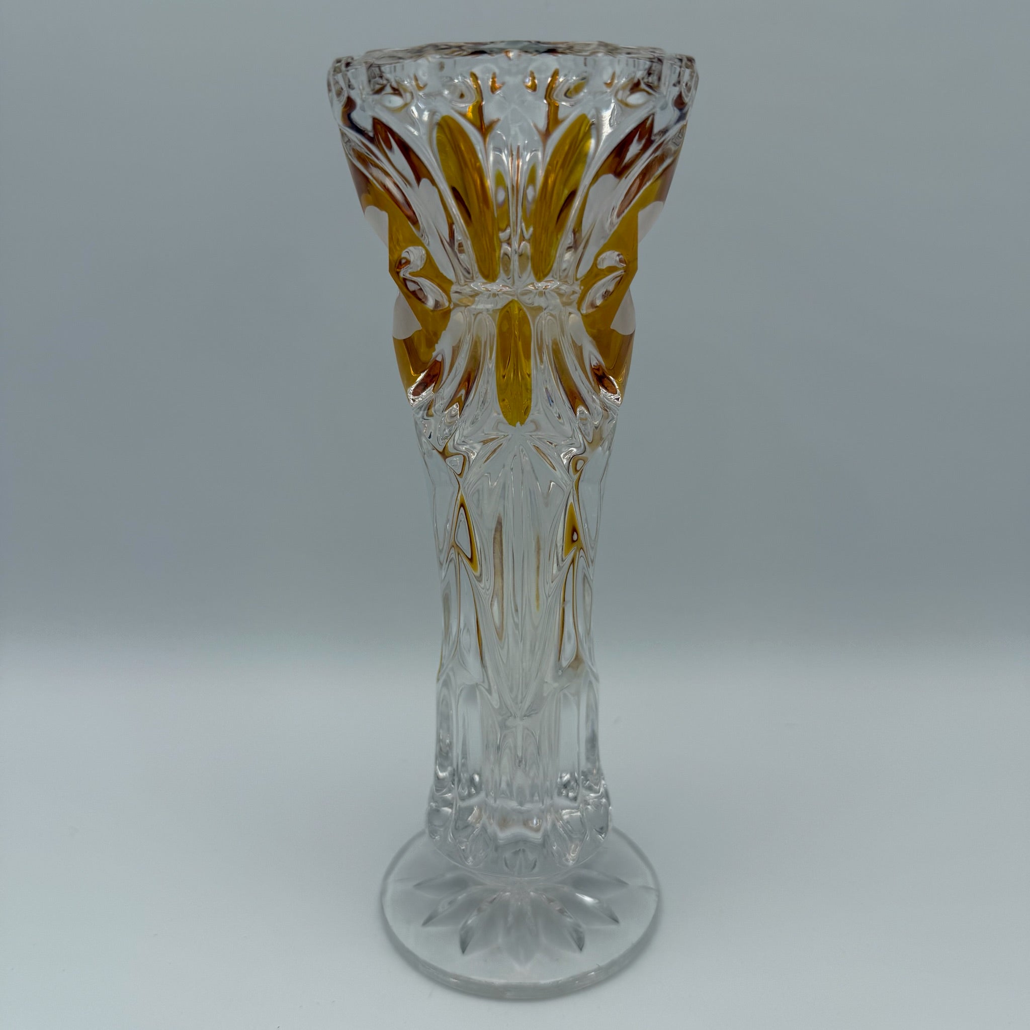 Vintage Kristall Vase Böhmen Bernstein Überfang Keilschliff Blume Medaillon edel Showroom Ansbach