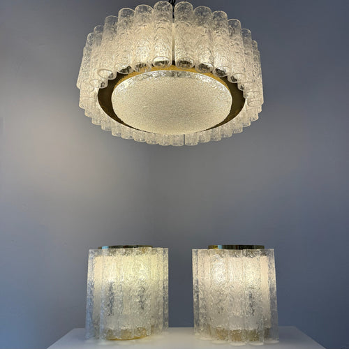 3tlg. Doria Leuchten Eisglas Ensemble I Große Deckenlampe & 2 Wandlampen 1960er I Mid-Century Space Age Set I Original Etiketten Doria Leuchten