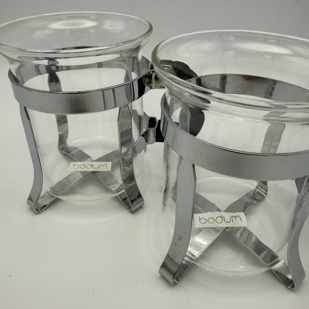 Vintage Bodum Teekanne mit 2 Tassen I Glas & Chrom – Mid Century Design I 3-teiliges Set Bodum