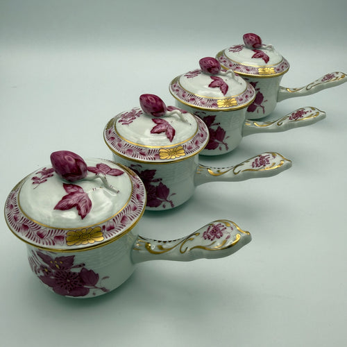 4er Set Herend Schokoladentassen mit Deckel I Apponyi Purpur I Handgemalt Rosenknauf Goldstaffage I Seltene Crème-Töpfen Herend