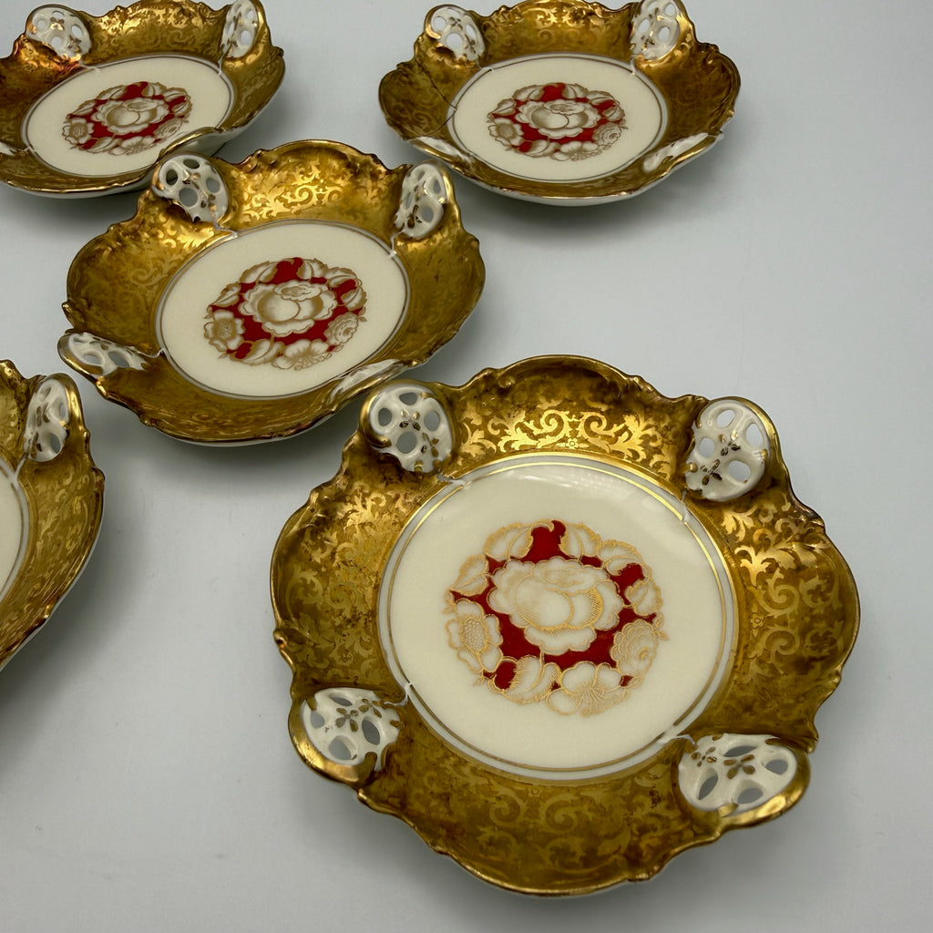 5er Set antike Rosenthal Kronach Tellerchen I Dekor Rosemarie I Konfektteller Goldrand 1920er Vintage Rosenthal