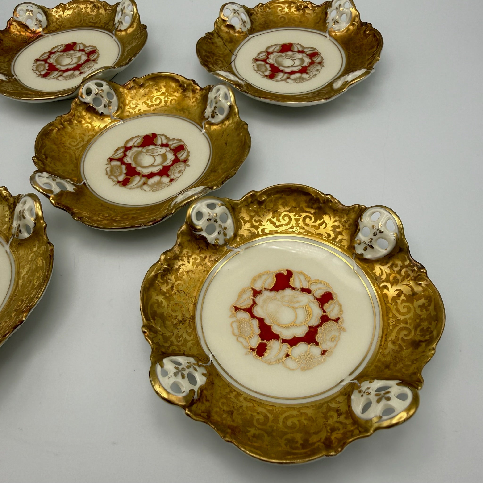 5er Set antike Rosenthal Kronach Tellerchen I Dekor Rosemarie I Konfektteller Goldrand 1920er Vintage Rosenthal