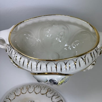 Prunkschale mit Deckel Keramus R. Capodimonte I Große Porzellan Terrine Handbemalt Gold I Italien um 1960 Keramos