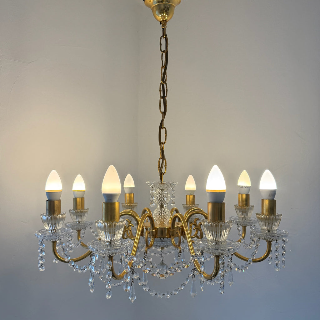 Prachtvoller 8-flammiger Kristall-Kronleuchter um 1960 I 14 Karat Echtgold-Vergoldung I Schweres Bleikristall Prunk-Chandelier 74 cm Showroom Ansbach