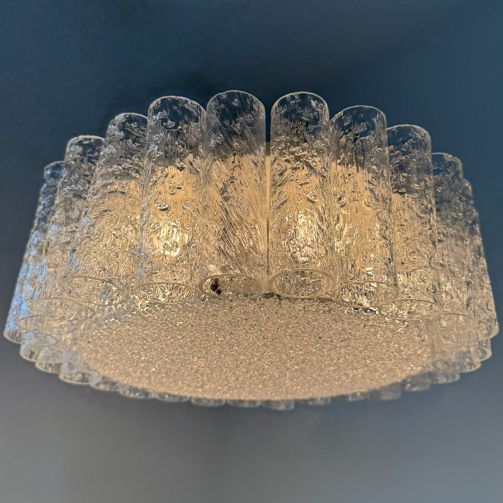 Kult Doria Leuchten Eisglas Plafonniere 40 cm I Monumentale Mid-Century Deckenlampe mit Glasröhren ca. 1960er Doria Leuchten