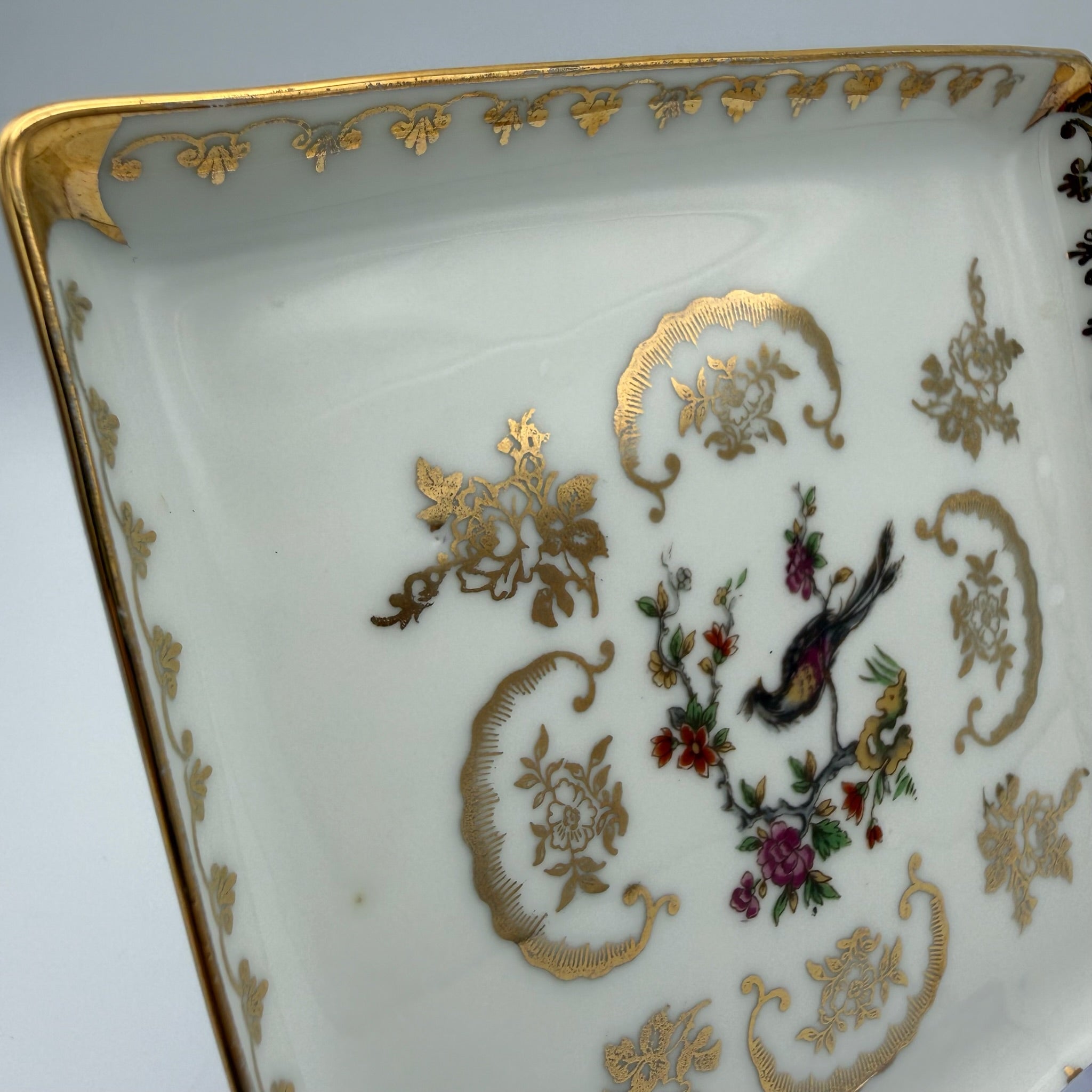 Antiker Limoges Teller I Quadratisch I Vögel Handbemalt I Chavagnac I Um 1900 Limoges