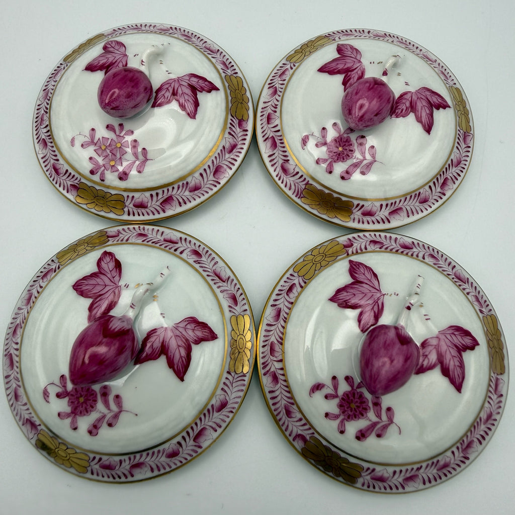 4er Set Herend Schokoladentassen mit Deckel I Apponyi Purpur I Handgemalt Rosenknauf Goldstaffage I Seltene Crème-Töpfen Herend