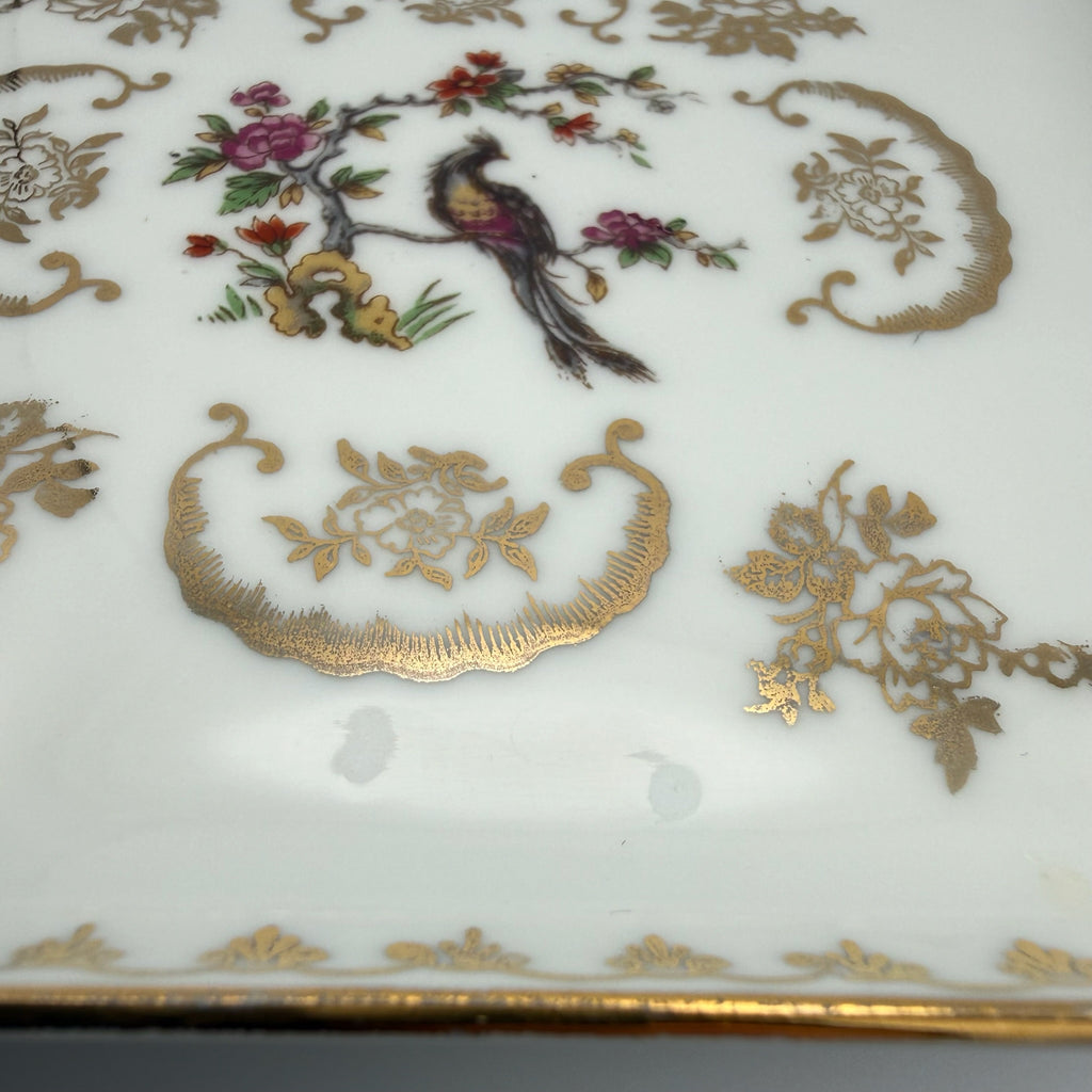 Antiker Limoges Teller I Quadratisch I Vögel Handbemalt I Chavagnac I Um 1900 Limoges
