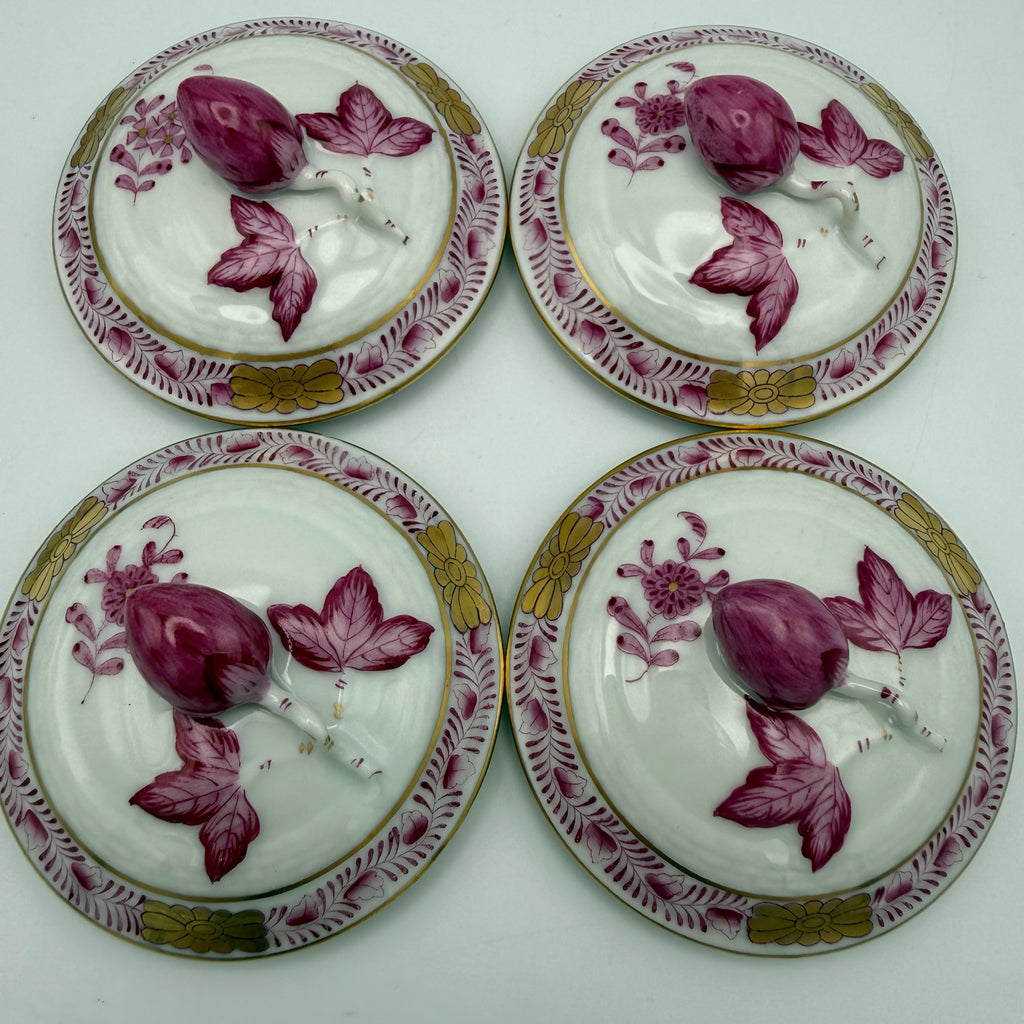 4er Set Herend Schokoladentassen mit Deckel I Apponyi Purpur I Handgemalt Rosenknauf Goldstaffage I Seltene Crème-Töpfen Herend