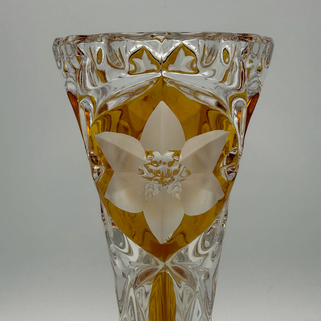 Vintage Kristall Vase Böhmen Bernstein Überfang Keilschliff Blume Medaillon edel Showroom Ansbach