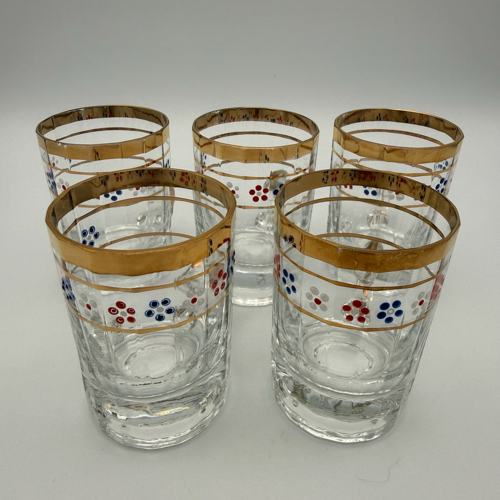 5x Vintage 50er Jahre Henkelgläser Goldrand Punktmuster Likörgläser Mid Century Showroom Ansbach
