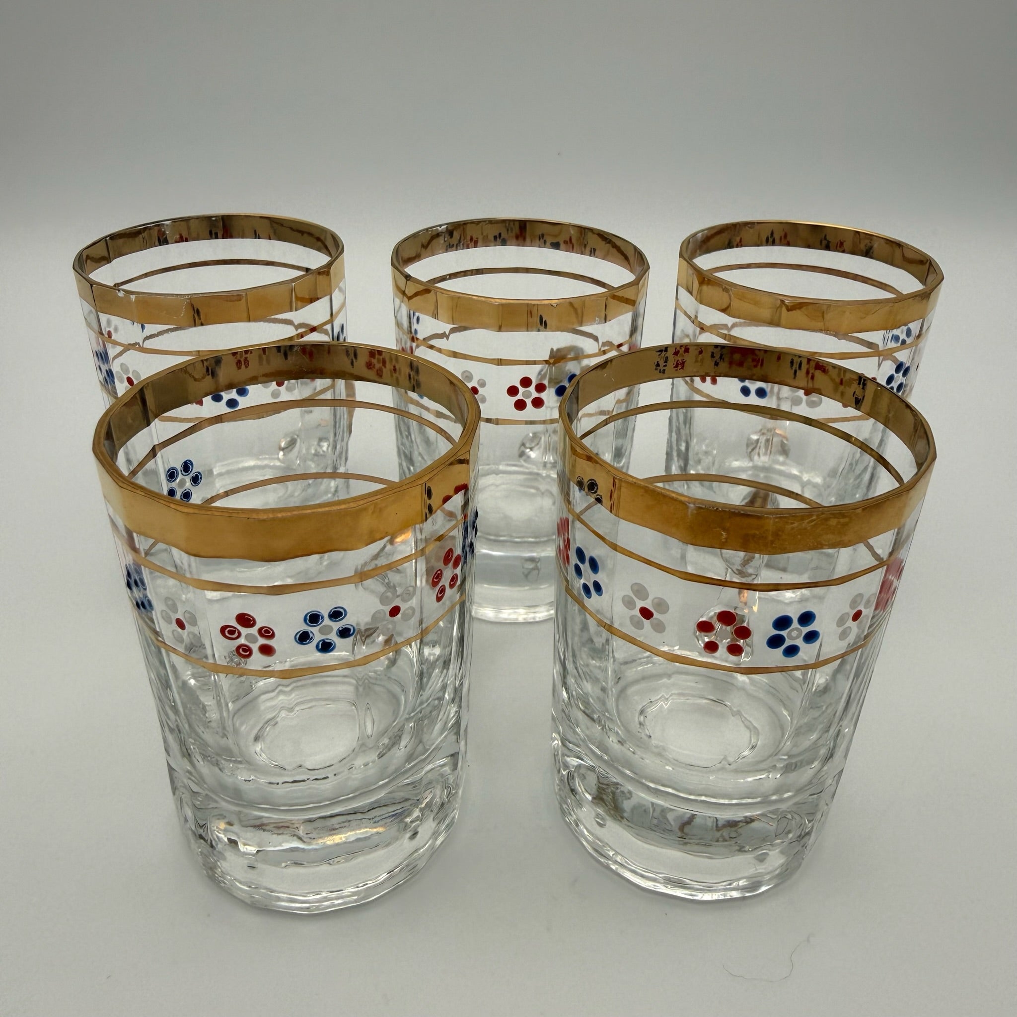 5x Vintage 50er Jahre Henkelgläser Goldrand Punktmuster Likörgläser Mid Century Showroom Ansbach