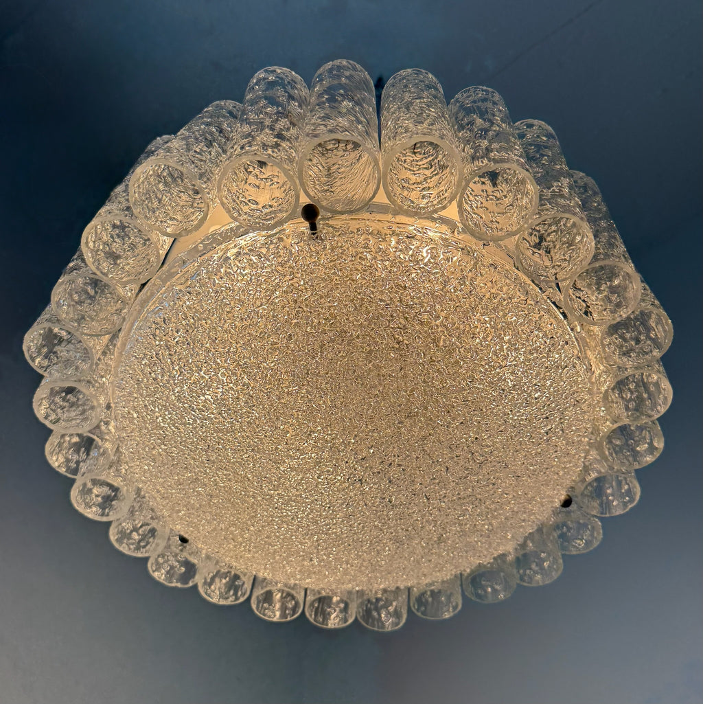 Kult Doria Leuchten Eisglas Plafonniere 40 cm I Monumentale Mid-Century Deckenlampe mit Glasröhren ca. 1960er Doria Leuchten