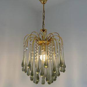 Kult Vistosi Murano XL Tropfenleuchte 1970er I 14 Karat Echtgold vergoldet I Rauchglas Grün-Grau Kaskaden-Kronleuchter 75 cm