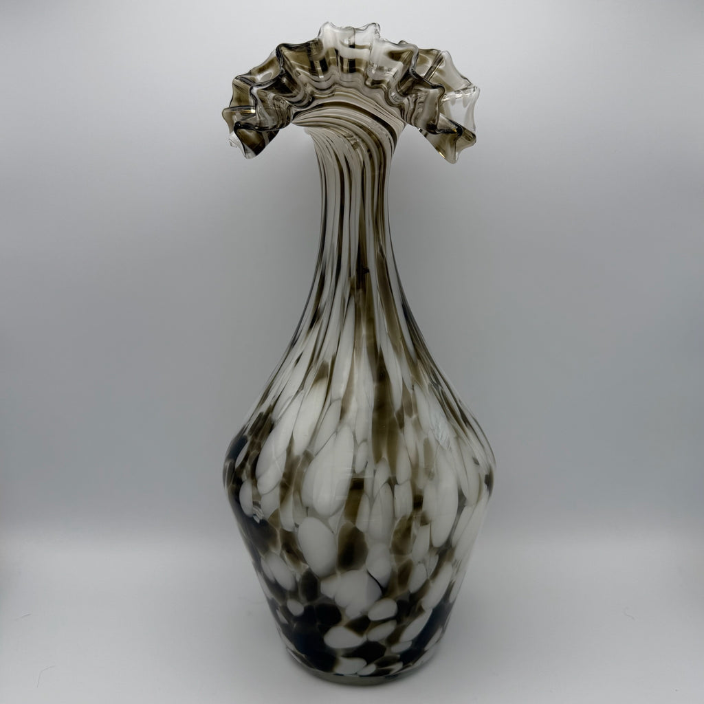 Große Murano Stil Opalglas Vase I Gekämmter Faden-Dekor Braun Weiß I Geraffter Rüschenrand Vintage 1970er I 33,5 cm Showroom Ansbach