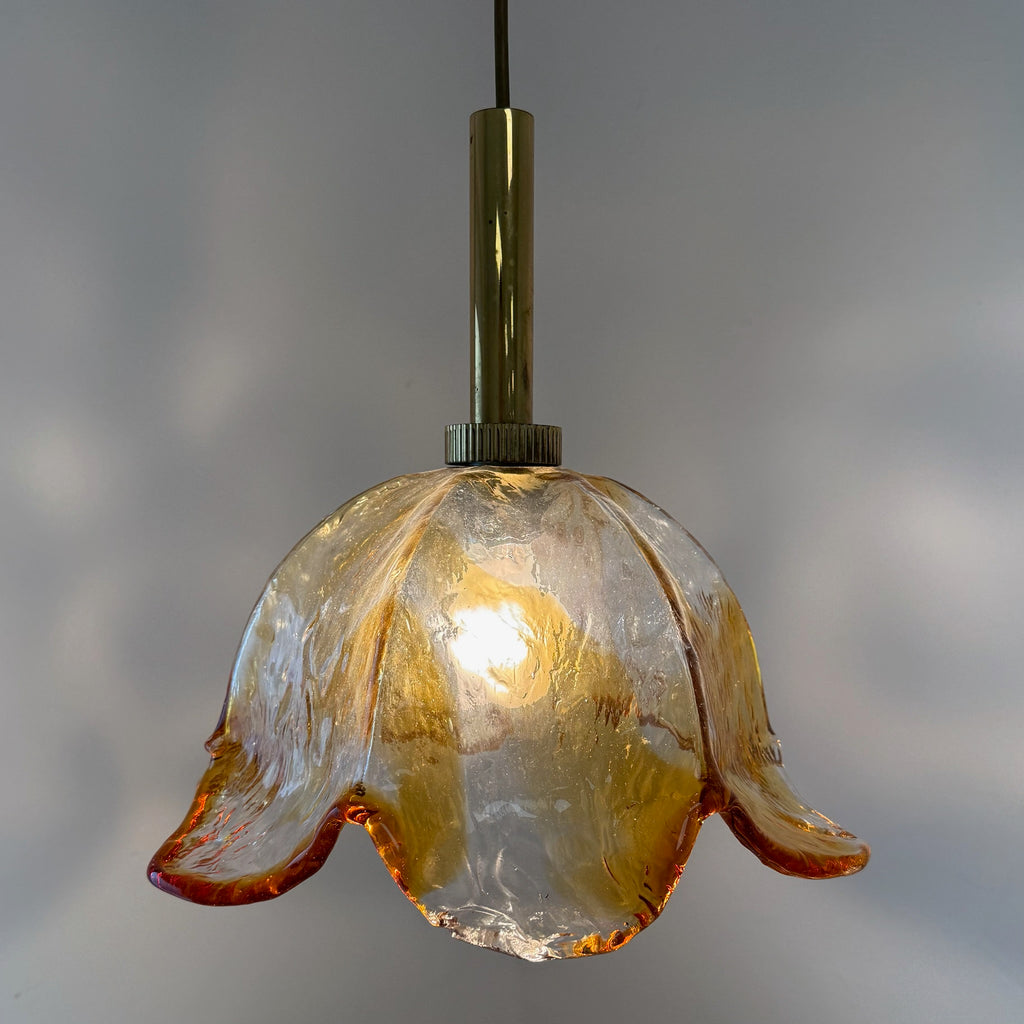 Große Murano Glas Pendelleuchte 70er I AV Mazzega Stil I Blüten-Hängelampe Bernstein Orange Messing I Vintage 34,5 cm Murano
