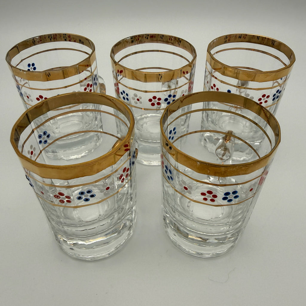 5x Vintage 50er Jahre Henkelgläser Goldrand Punktmuster Likörgläser Mid Century Showroom Ansbach