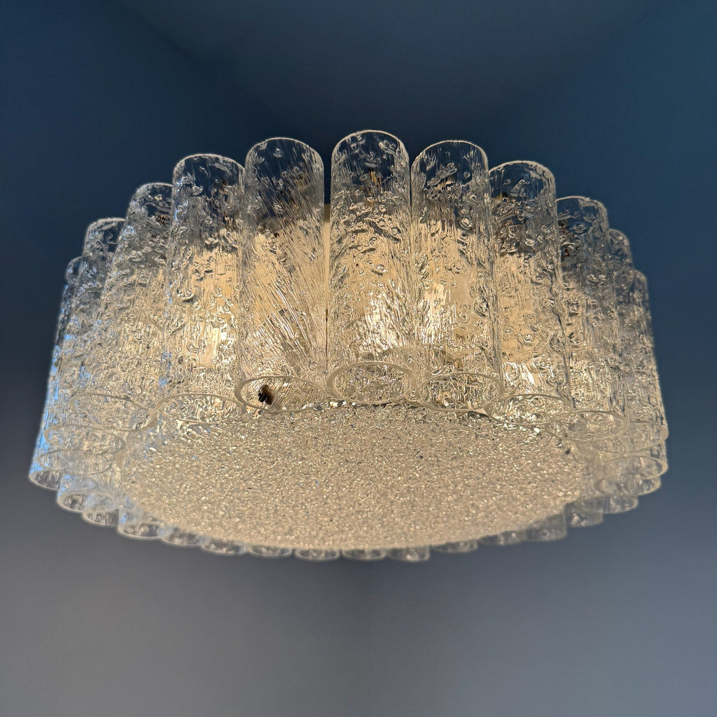 Kult Doria Leuchten Eisglas Plafonniere 40 cm I Monumentale Mid-Century Deckenlampe mit Glasröhren ca. 1960er Doria Leuchten