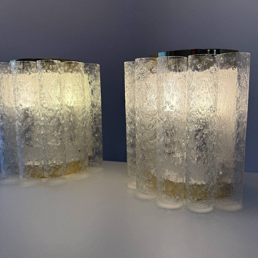 3tlg. Doria Leuchten Eisglas Ensemble I Große Deckenlampe & 2 Wandlampen 1960er I Mid-Century Space Age Set I Original Etiketten Doria Leuchten