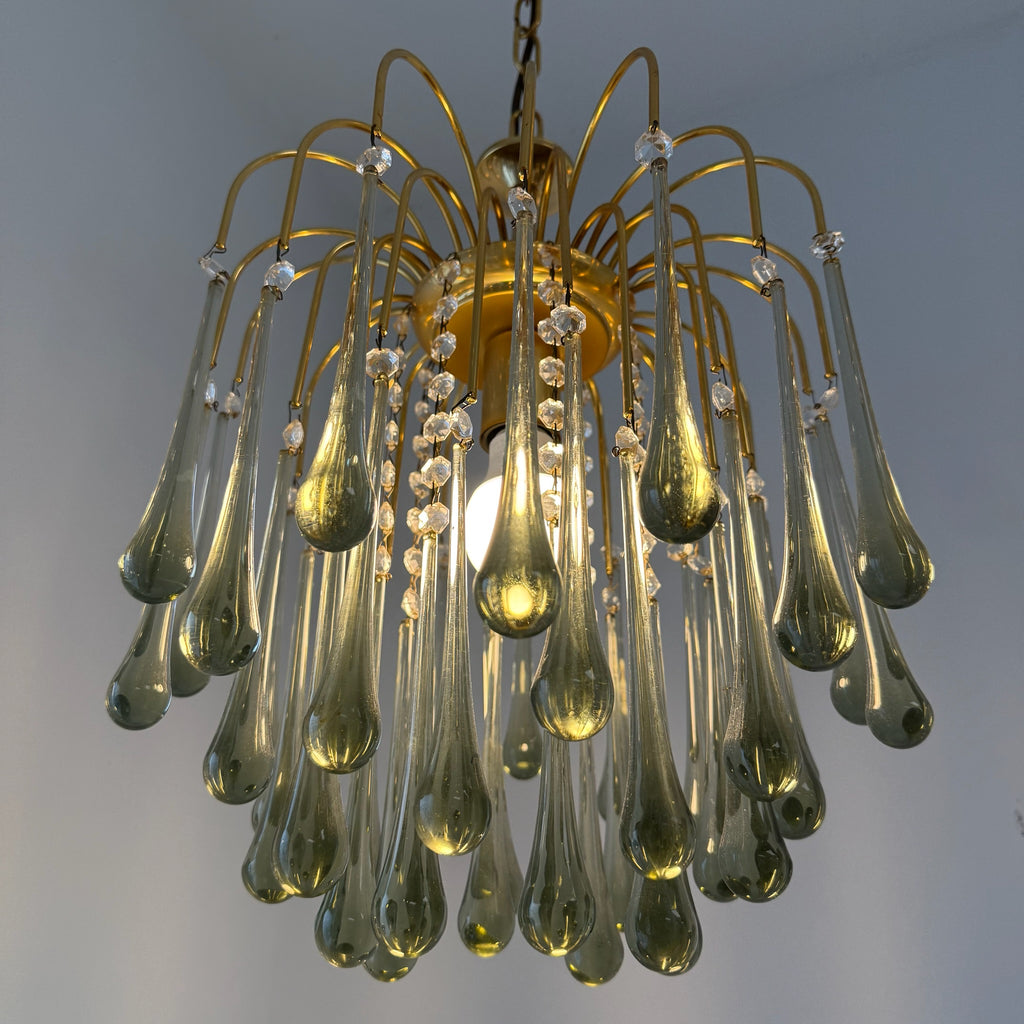Kult Vistosi Murano XL Tropfenleuchte 1970er I 14 Karat Echtgold vergoldet I Rauchglas Grün-Grau Kaskaden-Kronleuchter 75 cm Murano