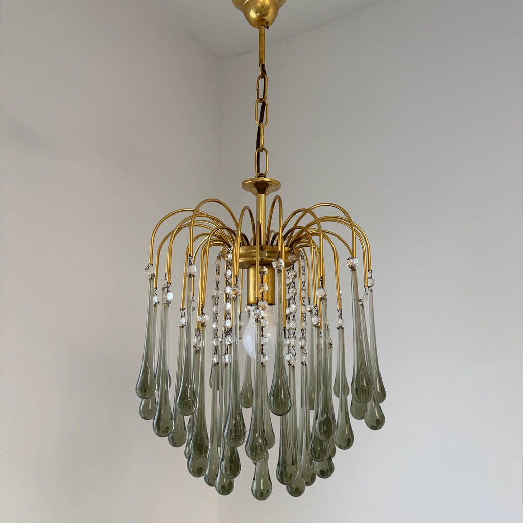 Kult Vistosi Murano XL Tropfenleuchte 1970er I 14 Karat Echtgold vergoldet I Rauchglas Grün-Grau Kaskaden-Kronleuchter 75 cm Murano