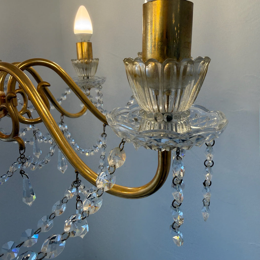 Prachtvoller 8-flammiger Kristall-Kronleuchter um 1960 I 14 Karat Echtgold-Vergoldung I Schweres Bleikristall Prunk-Chandelier 74 cm Showroom Ansbach