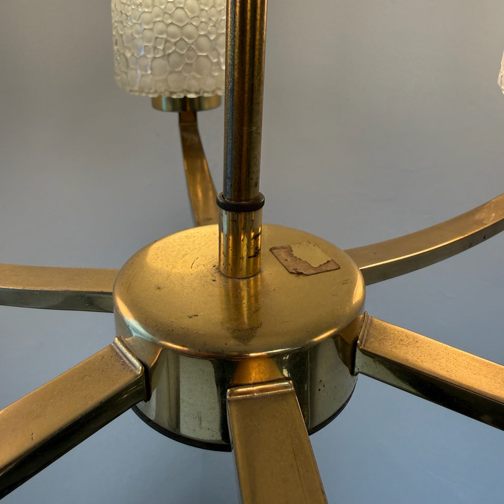 6-flammiger Mid-Century Messing Kronleuchter 1960er I Ikonische Bubble Glas Schirme I Satiniertes Noppenglas Deckenlampe 68 cm Showroom Ansbach