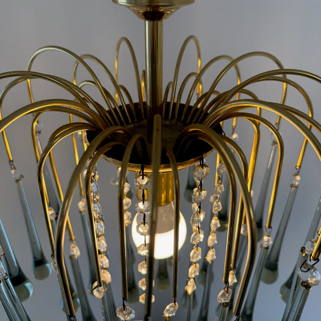 Kult Vistosi Murano XL Tropfenleuchte 1970er I 14 Karat Echtgold vergoldet I Rauchglas Grün-Grau Kaskaden-Kronleuchter 75 cm Murano