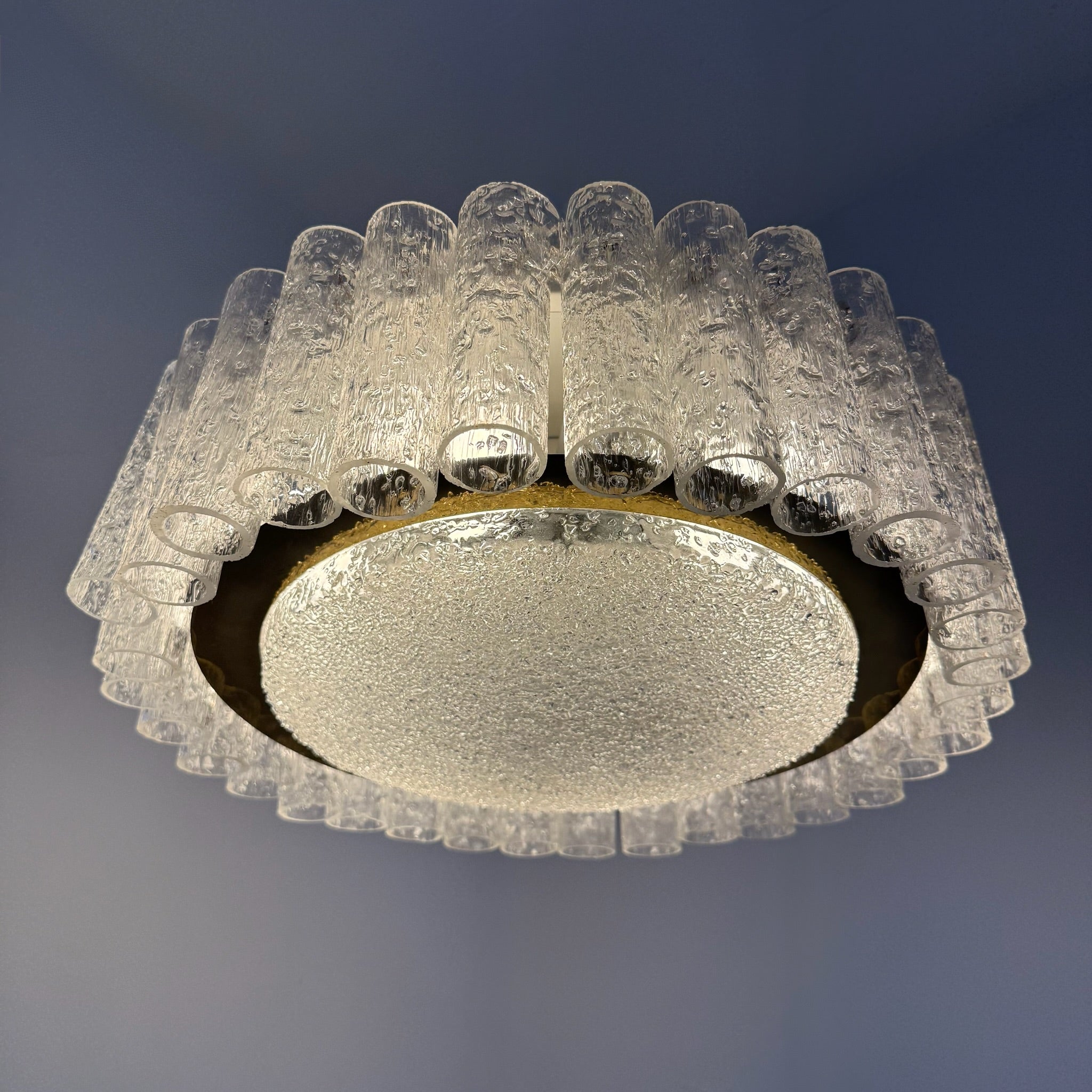 3tlg. Doria Leuchten Eisglas Ensemble I Große Deckenlampe & 2 Wandlampen 1960er I Mid-Century Space Age Set I Original Etiketten Doria Leuchten