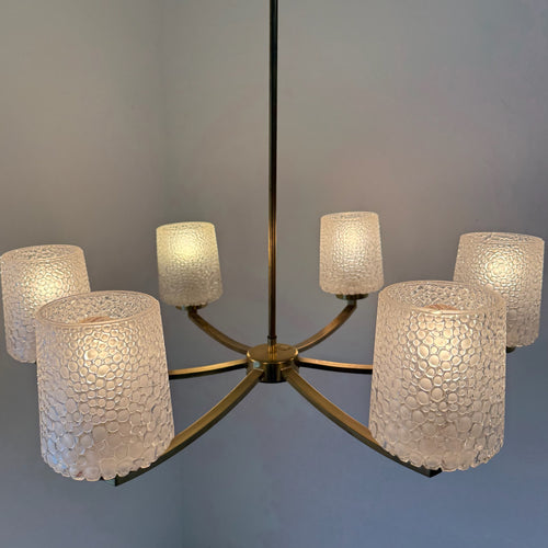 6-flammiger Mid-Century Messing Kronleuchter 1960er I Ikonische Bubble Glas Schirme I Satiniertes Noppenglas Deckenlampe 68 cm Showroom Ansbach