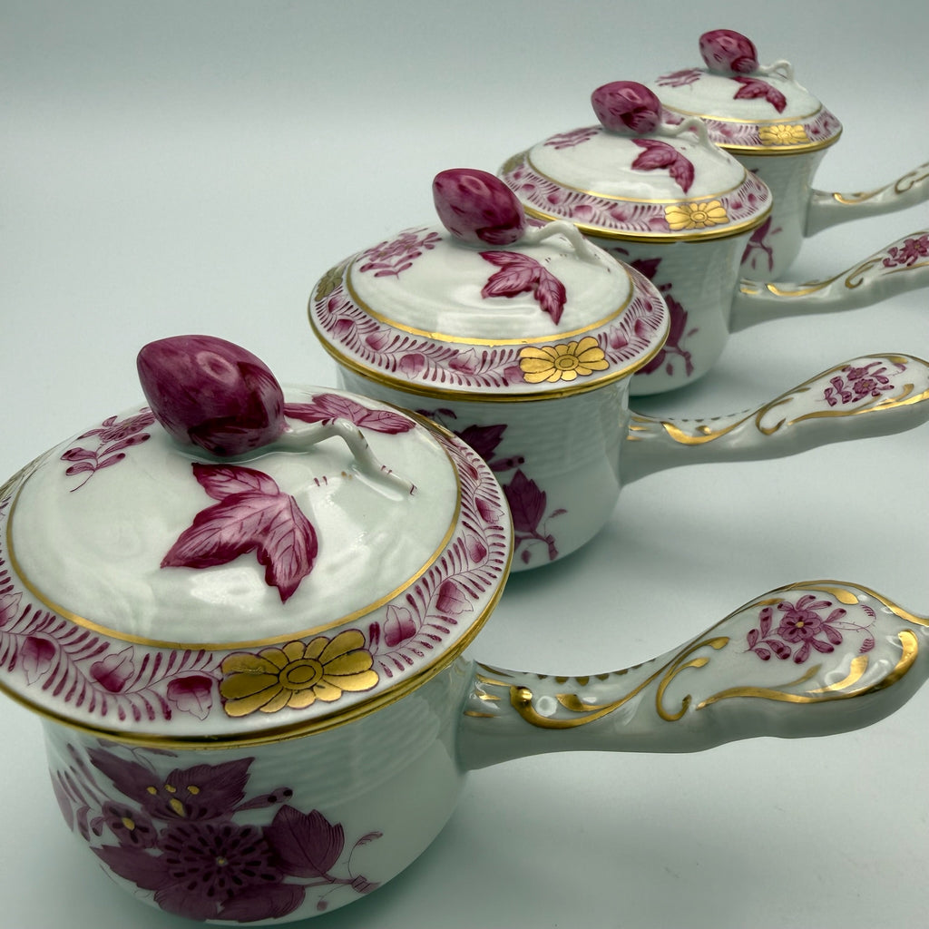 4er Set Herend Schokoladentassen mit Deckel I Apponyi Purpur I Handgemalt Rosenknauf Goldstaffage I Seltene Crème-Töpfen Herend