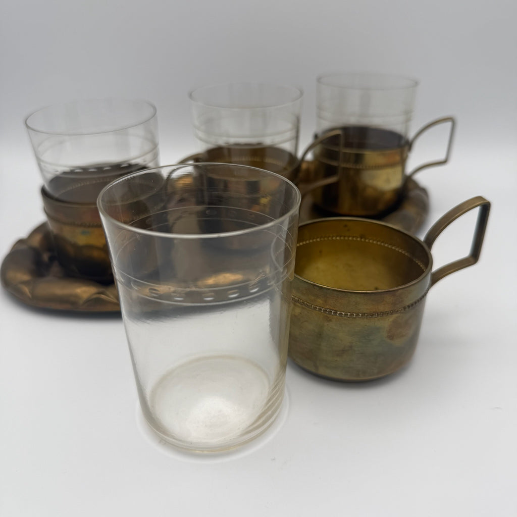Antikes WMF Jugendstil Teeglas Set 1910 I Jenaer Glas 4er Set mit Tablett I Gemarkt Straußenmarke Geislingen I Rarität WMF