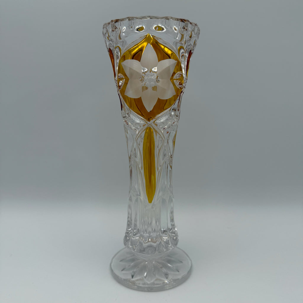 Vintage Kristall Vase Böhmen Bernstein Überfang Keilschliff Blume Medaillon edel Showroom Ansbach
