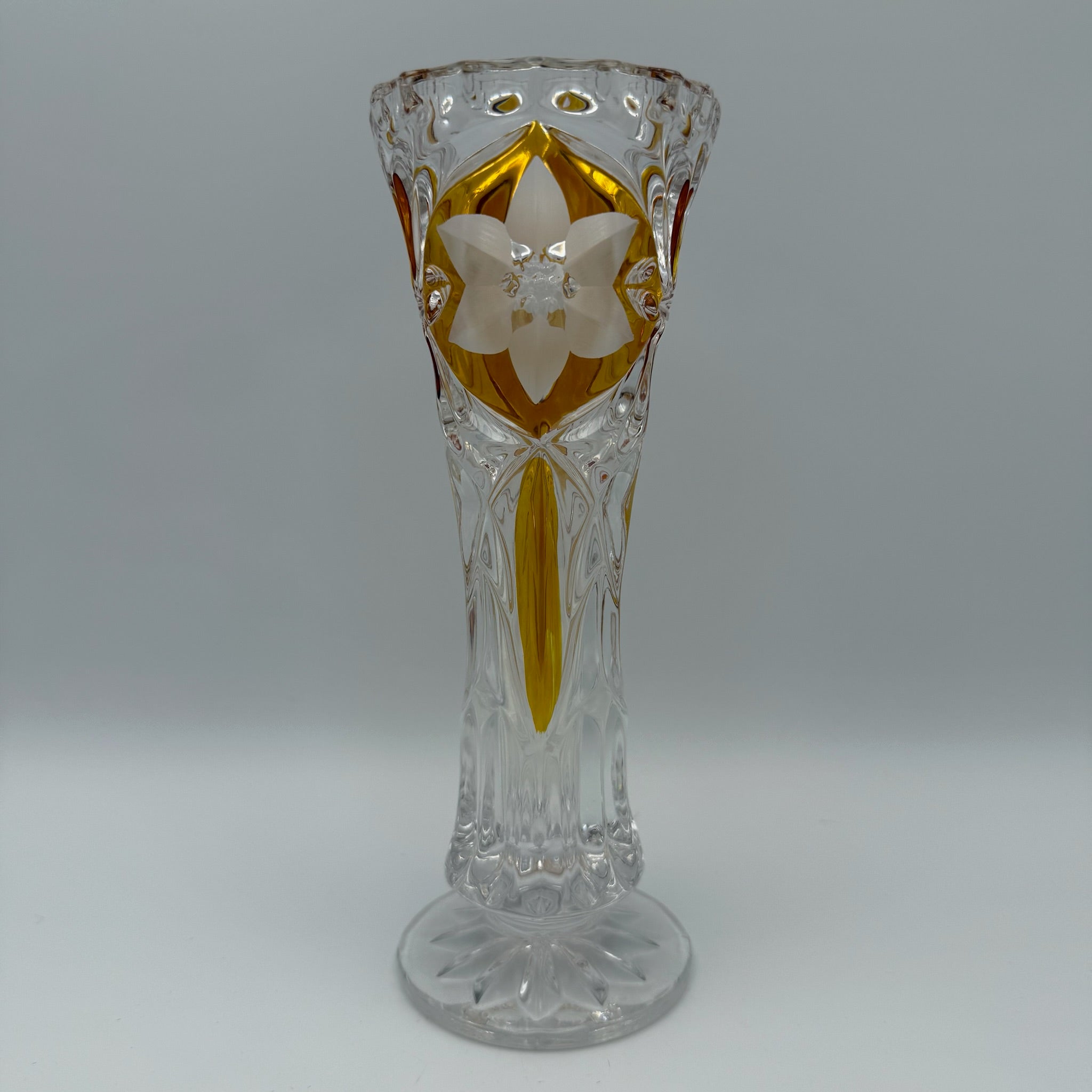 Vintage Kristall Vase Böhmen Bernstein Überfang Keilschliff Blume Medaillon edel Showroom Ansbach