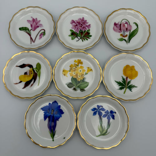 8x Älteste Volkstedt Konfekttellerchen Streublumen Relief Goldrand Schälchen Volkstedter