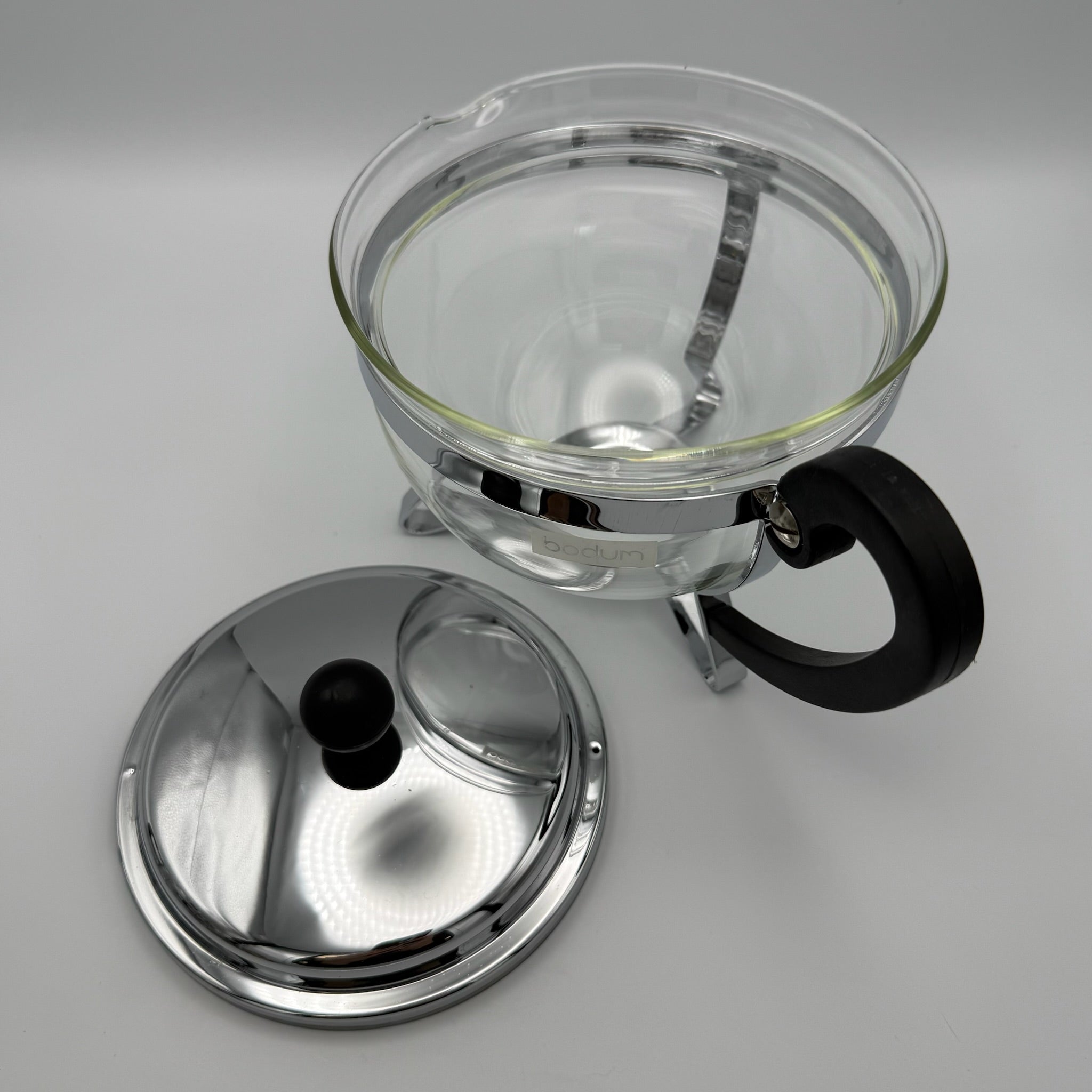 Vintage Bodum Teekanne mit 2 Tassen I Glas & Chrom – Mid Century Design I 3-teiliges Set Bodum