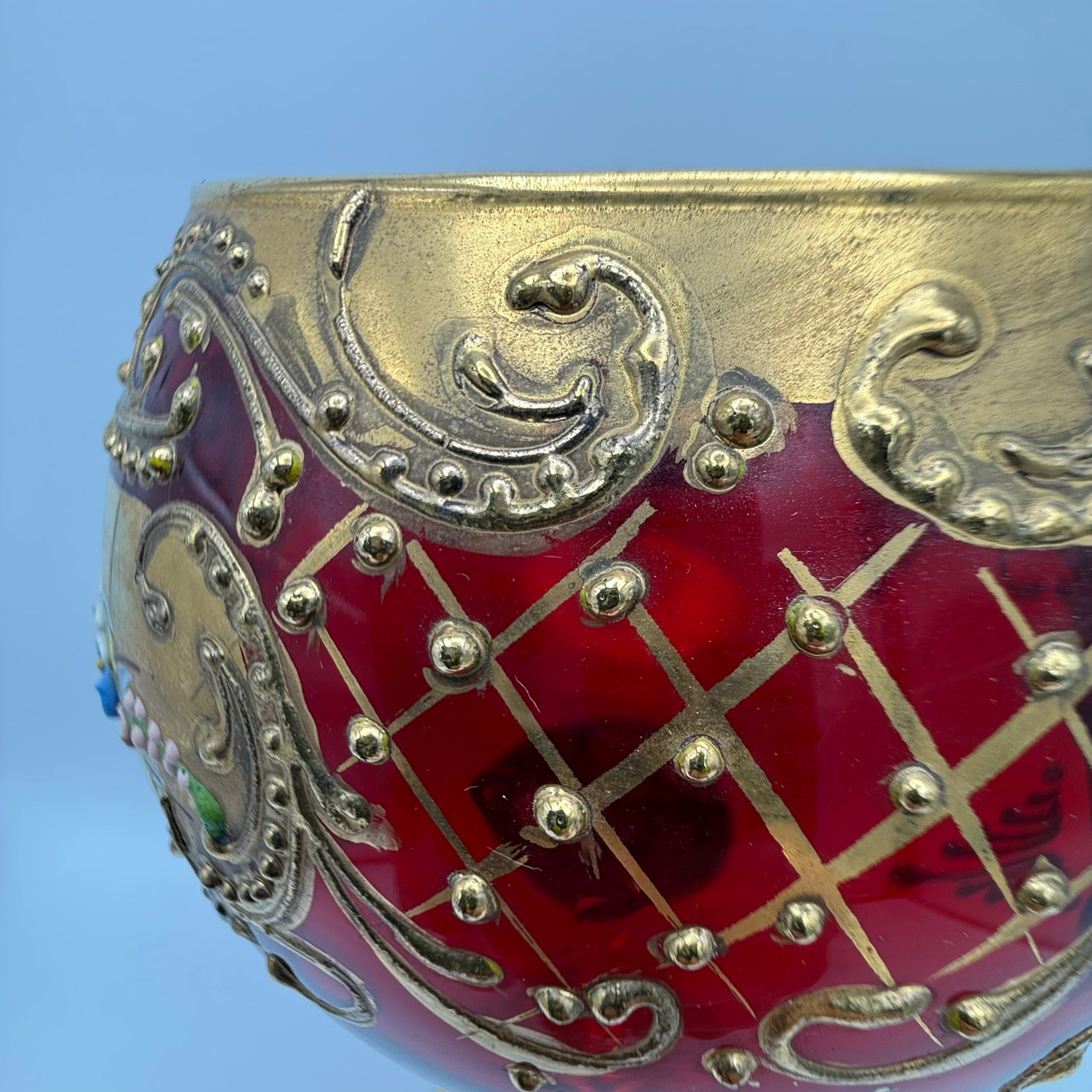 Großer Böhmischer Prunkpokal 23cm Rubinrot Goldstaffage Emaille Römer Showroom Ansbach