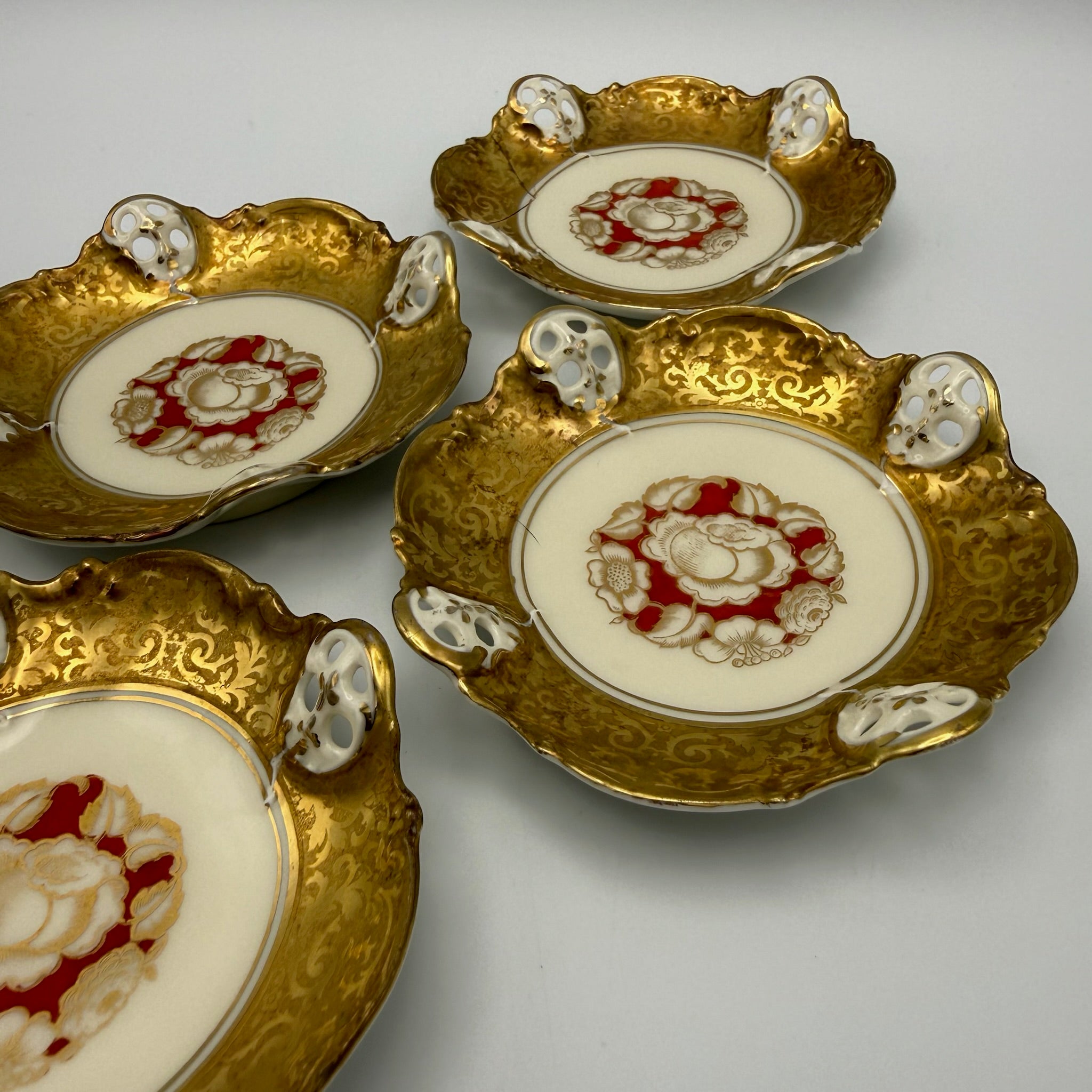 5er Set antike Rosenthal Kronach Tellerchen I Dekor Rosemarie I Konfektteller Goldrand 1920er Vintage Rosenthal