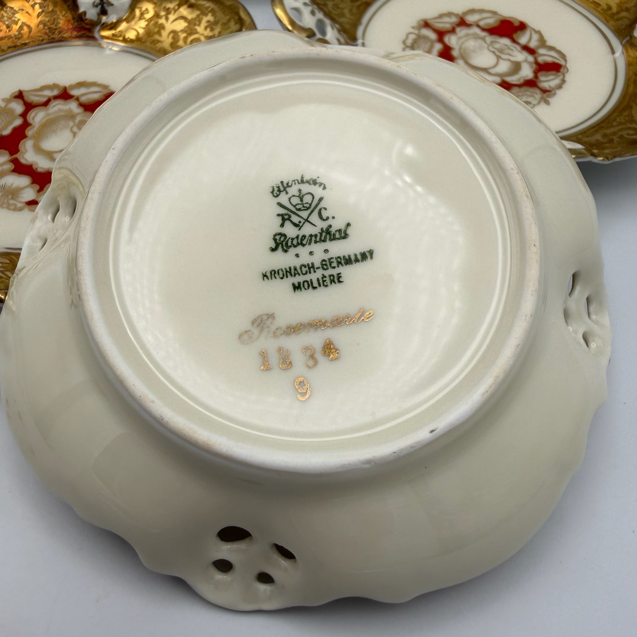 5er Set antike Rosenthal Kronach Tellerchen I Dekor Rosemarie I Konfektteller Goldrand 1920er Vintage Rosenthal