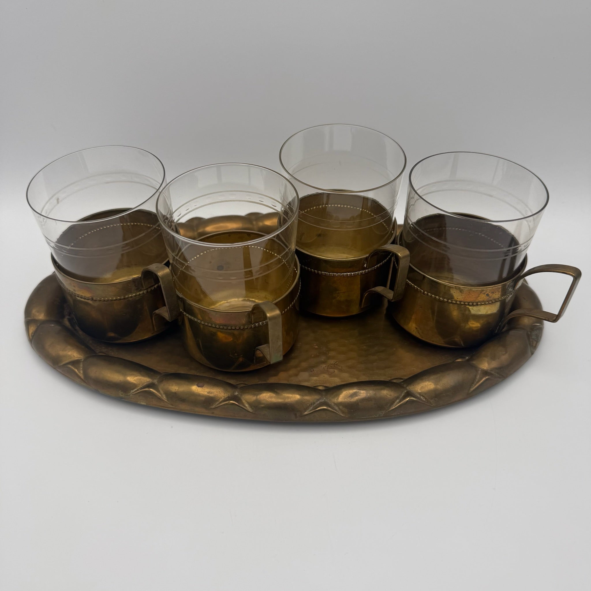 Antikes WMF Jugendstil Teeglas Set 1910 I Jenaer Glas 4er Set mit Tablett I Gemarkt Straußenmarke Geislingen I Rarität WMF